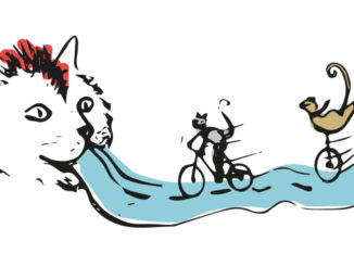 Deux chats à vélo qui roulent joyeusement sur la langue d'un grand chat !