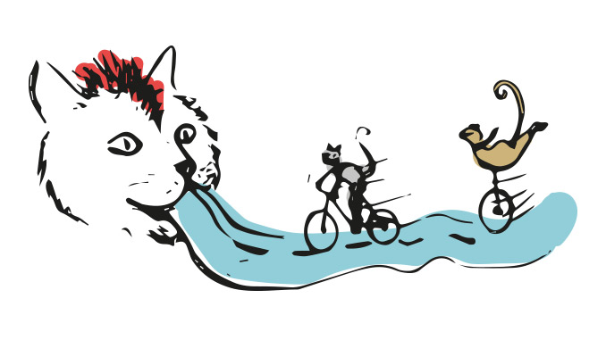 Deux chats à vélo qui roulent joyeusement sur la langue d'un grand chat !