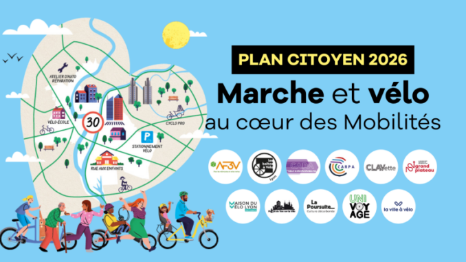 Métropole de Lyon en forme de coeur, devant laquelle des piétons, cyclistes et personnes en rollers se dirigent gaiement