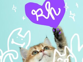 Chat entouré et triomphant qui brandit un coeur avec écrit "RH" en son intérieur