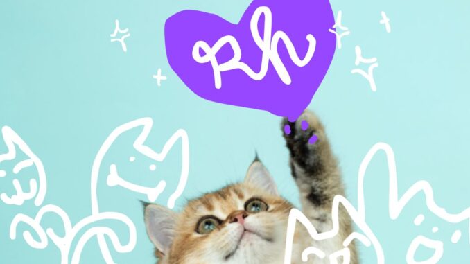 Chat entouré et triomphant qui brandit un coeur avec écrit "RH" en son intérieur