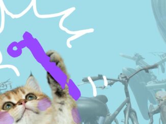 Chat triomphant entouré de vélos et plein de cambouis qui tient une potence à la patte