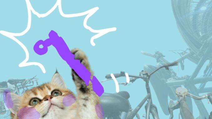 Chat triomphant entouré de vélos et plein de cambouis qui tient une potence à la patte